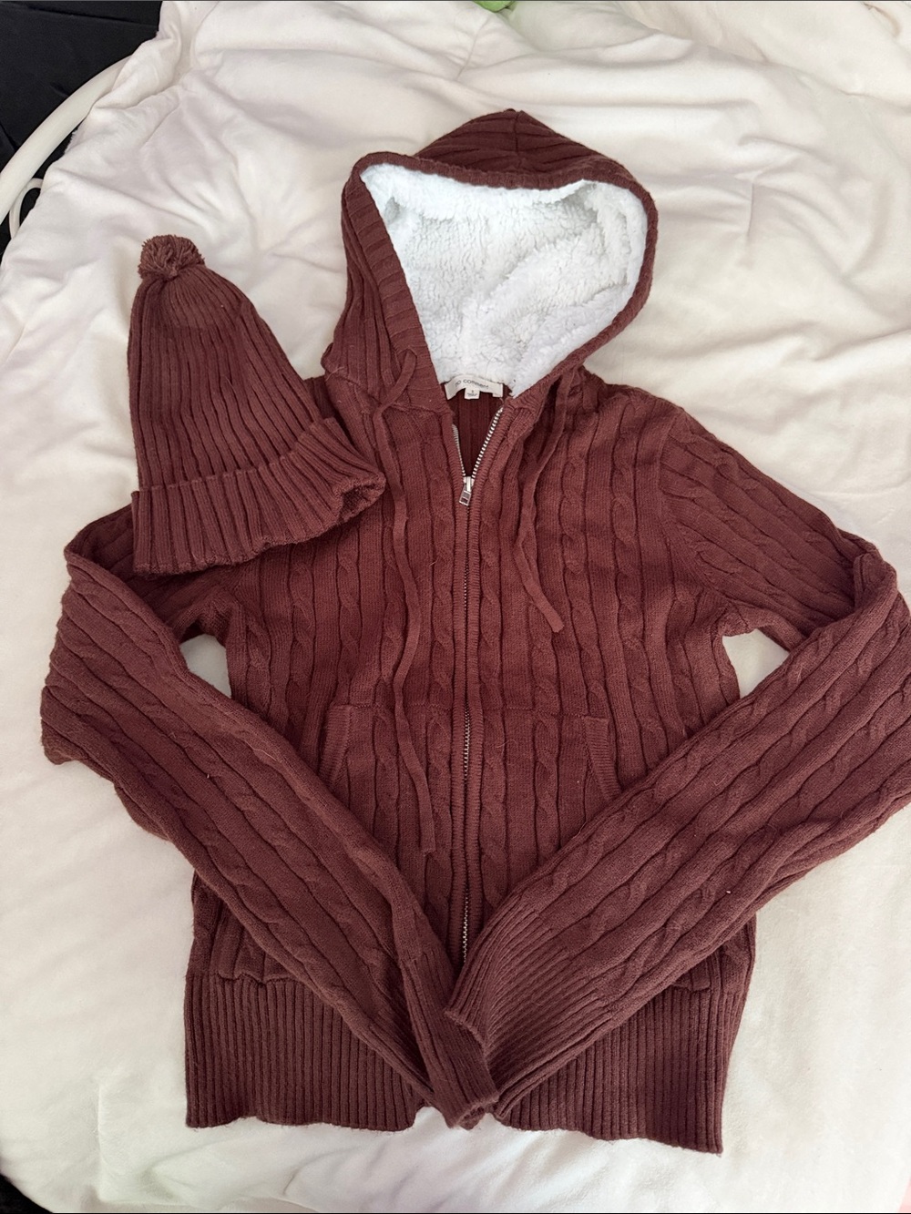 Brown jacket + beanie
